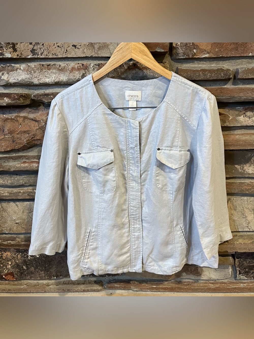 Chico's 100% Linen Light Ivy Blue Collarless Jacket 3/4 Sleeve